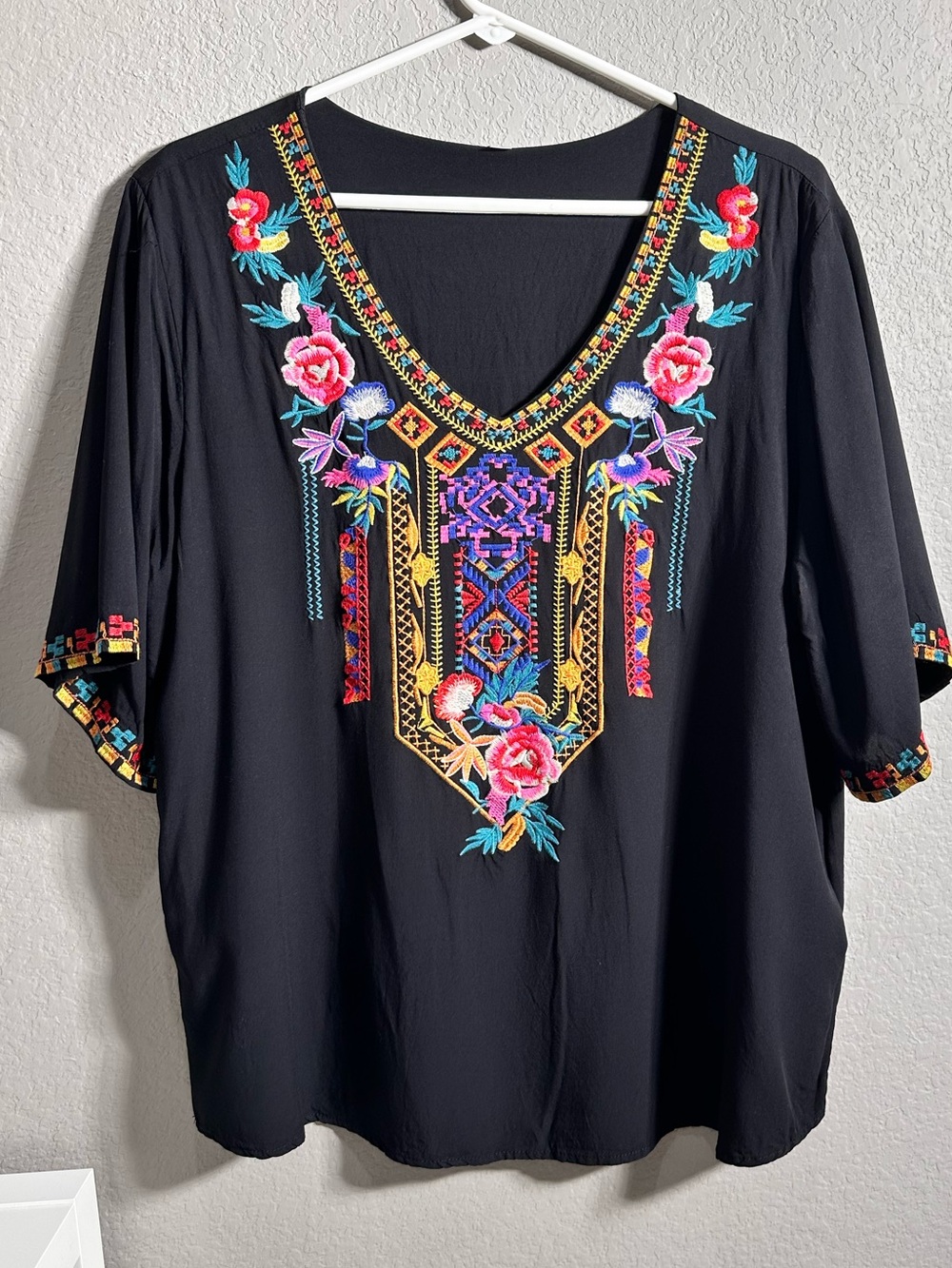 Embroidered V-Neck Black Women's Top with‎ Floral Accent Bohemian 100% Rayon